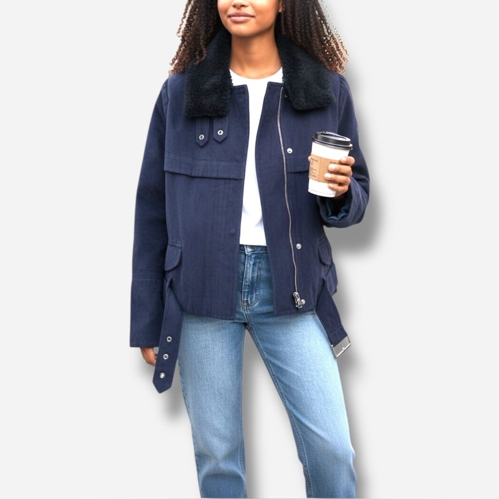 🌸New🌸 Gap Moto Jacket Faux Fur Collar Navy NWT
